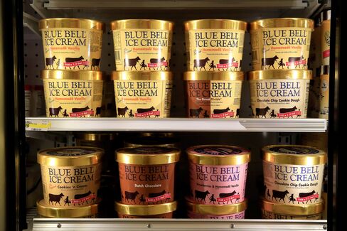 Blue Bell Ice Cream is seen on shelves of an Overland Park grocery store in Kansas.