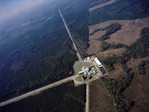 An aerial view of the Laser Interferometer Gravitational-wave Observatory (LIGO) detector in Livingston, Louisiana. LIGO has two detectors: one in Livingston and the other in Hanaford, Washington. LIGO is funded by NSF; Caltech and MIT conceived, built and operate the laboratories.
