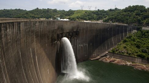 Flood gates on the Kariba Dam between Zimbabwe and Zambia.