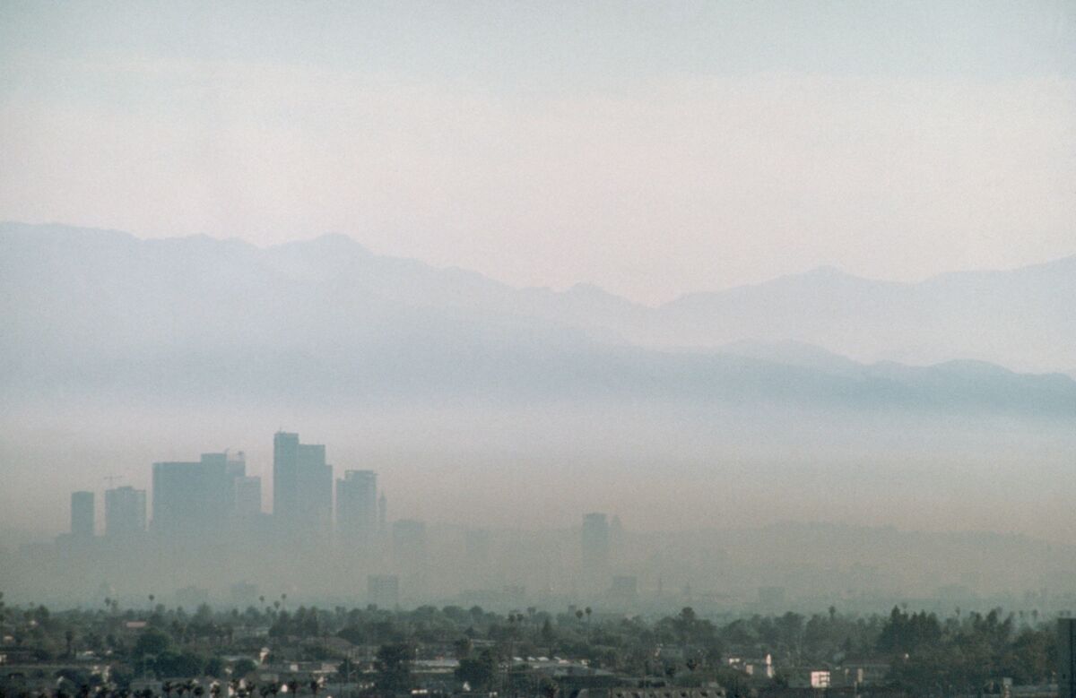 Smog choking the Los Angeles skies, as in this 1989 photo, used to be a common sight. 