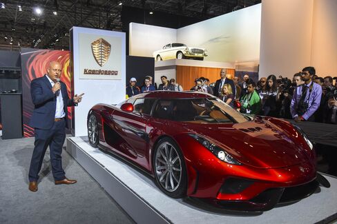 Von Koenigsegg, founder of Swedish high-performance automobile manufacturer Koenigsegg Automotive AB, discusses the Koenigsegg Regera at the New York International Auto Show on March 24, 2016.