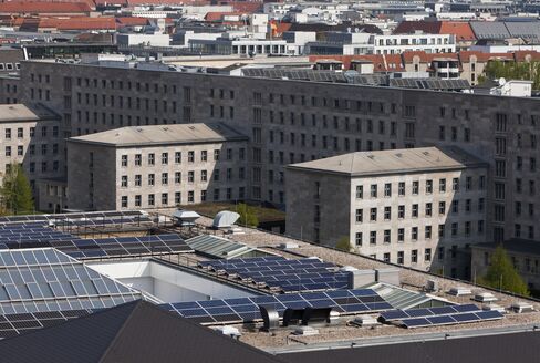 Solar panels as sit atop Martin-Gropius-Bau exhibition hall in Berlin, Germany