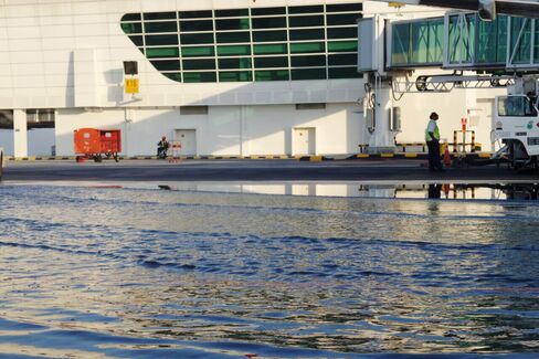 Flooding at Bay K18 at Kuala Lumpur International Airport's new budget terminal. Source: via Bloomberg