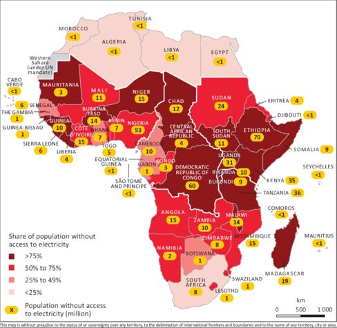 The International Energy Agency says 620 million people in Africa lack access to electricity, which represents half the world's population not linked to the grid. Numbers inside the yellow dots indicate population in millions lacking power in each nation. From the IEA's World Energy Outlook in 2014.