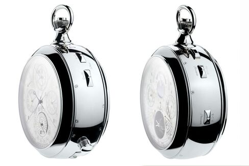 The various chiming settings are controlled by switches and crowns on the sides of the watch.