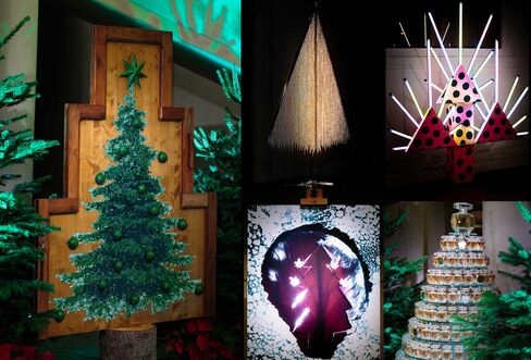 Designer highlights from the 2015 Les Sapins de Noël des Créateurs auction. Clockwise from left: Jean-Paul Gaultier, Nina Ricci, Jérôme Dreyfuss, Eli Saab, Mathilde de l'Ecotais.