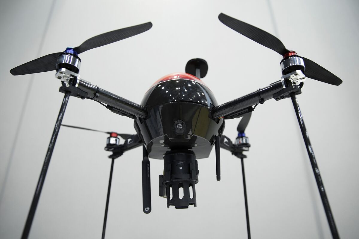 The AS-MC01-P multicopter unmanned aerial vehicle (UAV), developed by Aerosense Inc., a joint venture between Sony Mobile Communications Inc. and ZMP Inc