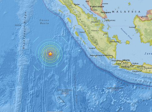 The U.S. Geological Survey said the epicenter was about 500 miles west-southwest of Padang, Indonesia and 529 miles north-northwest of the Cocos Islands. 