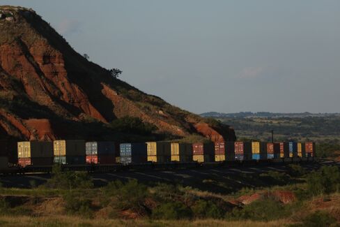 Containers on a train traveling on BNSF's Southern Transcontinental line in Belva, Oklahoma.