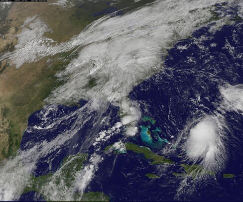 Storm shown in photo taken by NOAA satellite Sept. 29, 2015, east of Bahamas.
