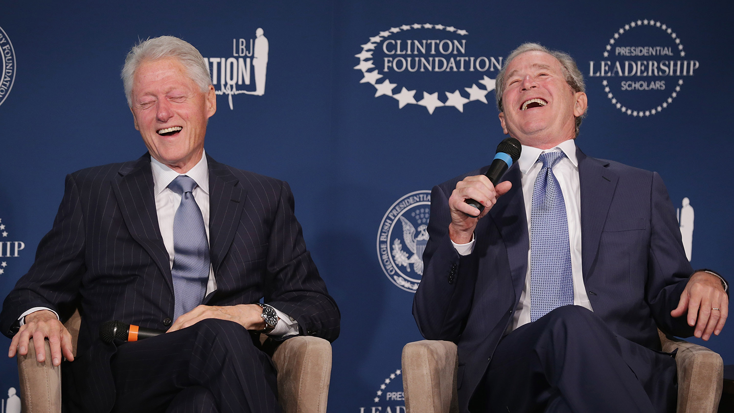 <p>Former Presidents Bill Clinton, left, and George W. Bush share a laugh during an event launching the Presidential Leadership Scholars program at the Newseum on Sept.&nbsp;8, 2014, in Washington.</p>