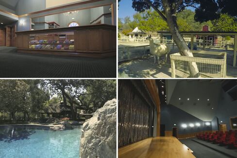 From top left, clockwise: Neverland's movie theater lobby, the remains of the zoo, the 5,500-square-foot movie theater and stage, expansive pool with rock features. (Yes, that's a llama. No word from Sotheby’s as to whether its included in the sale.)