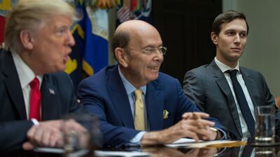 President Donald Trump, Commerce Secretary nominee Wilbur Ross and senior advisor Jared Kushner attend a meeting at the White House on Feb. 2, 2017.