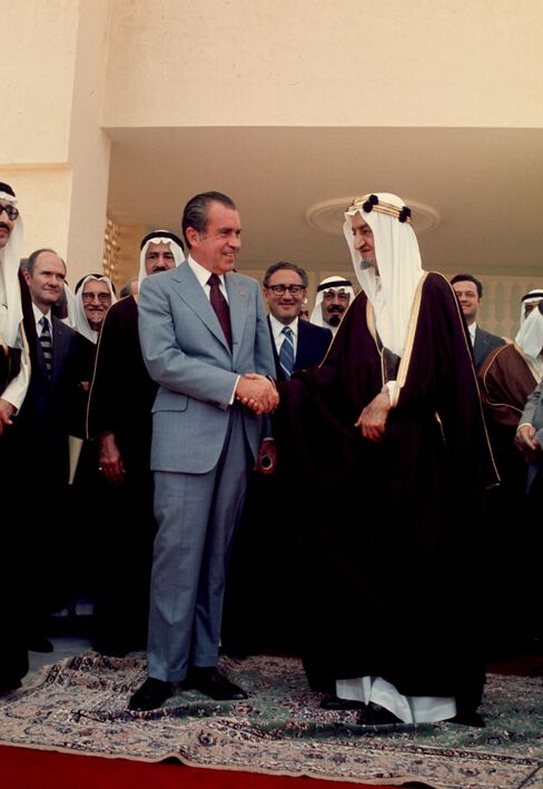 President Nixon shakes hands with Saudi King Faisal in June, 1974, in Saudi Arabia.