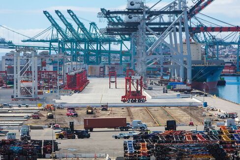 A view of the fully-automated TraPac shipping terminal in the Port of Los Angeles.