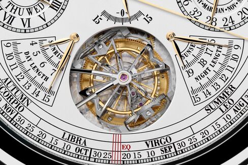The sunrise/sunset and length of day/length of night indicators frame the 3D tourbillon.