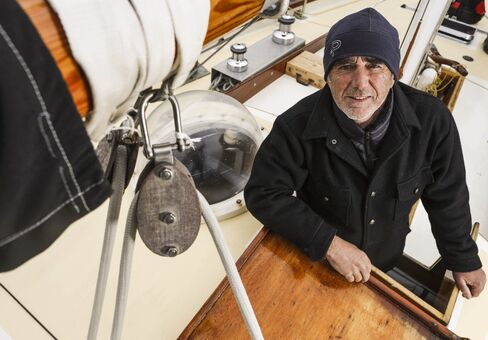 Loïck Peyron onboard the classic yacht Pen Duick II on which he will complete the solo transatlantic race.