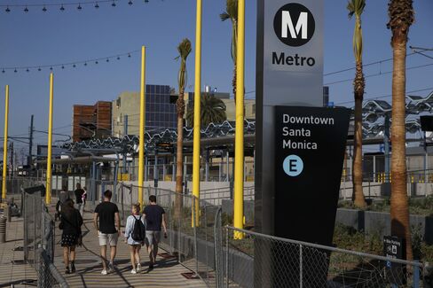 The Downtown Santa Monica Metro Expo Line light rail station under construction.