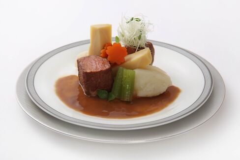 Sous vide Miso Simmered Beef Yamato-style with Nimono Vegetables and Potato from Singapore Airlines.