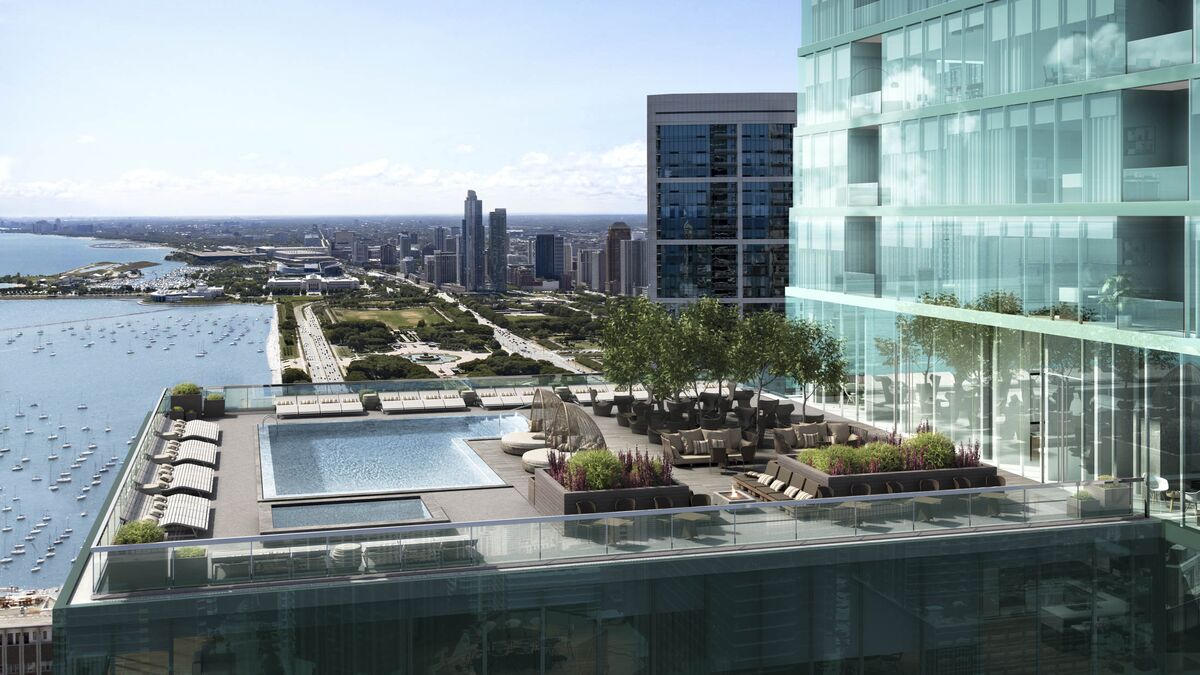 Outdoor pool and terrace overlooking Lake Michigan.
