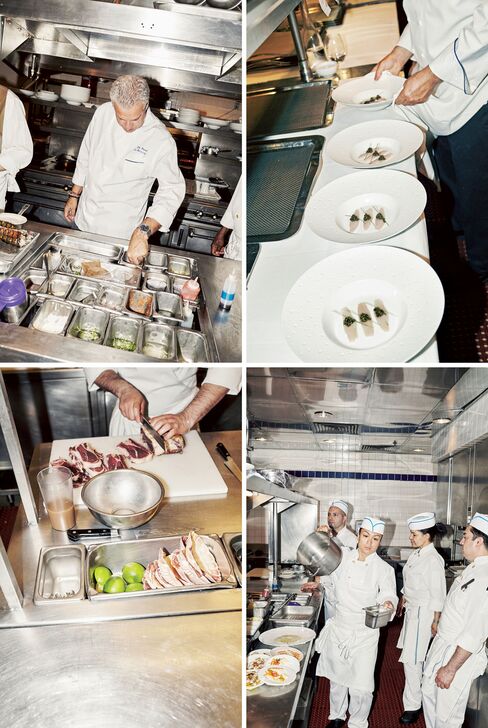 Clockwise from top left: Ripert testing ingredients at Le Bernardin; warm kingfish “sashimi”; the kitchen staff at work; meat prep