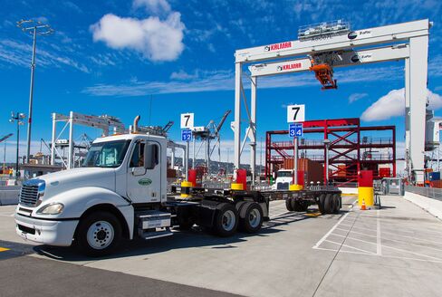 A truck backs into the loading area of the TraPac terminal in the Port of Los Angeles.  It will be loaded by a fully automated stacking crane.