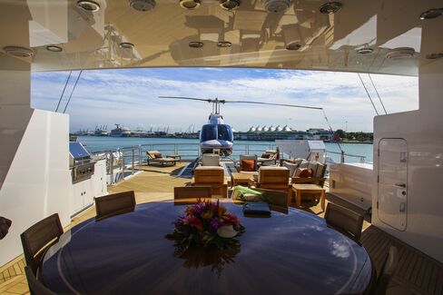 Aboard Skyfall, which can be chartered for $250,000 a week. Helicopter not included.
