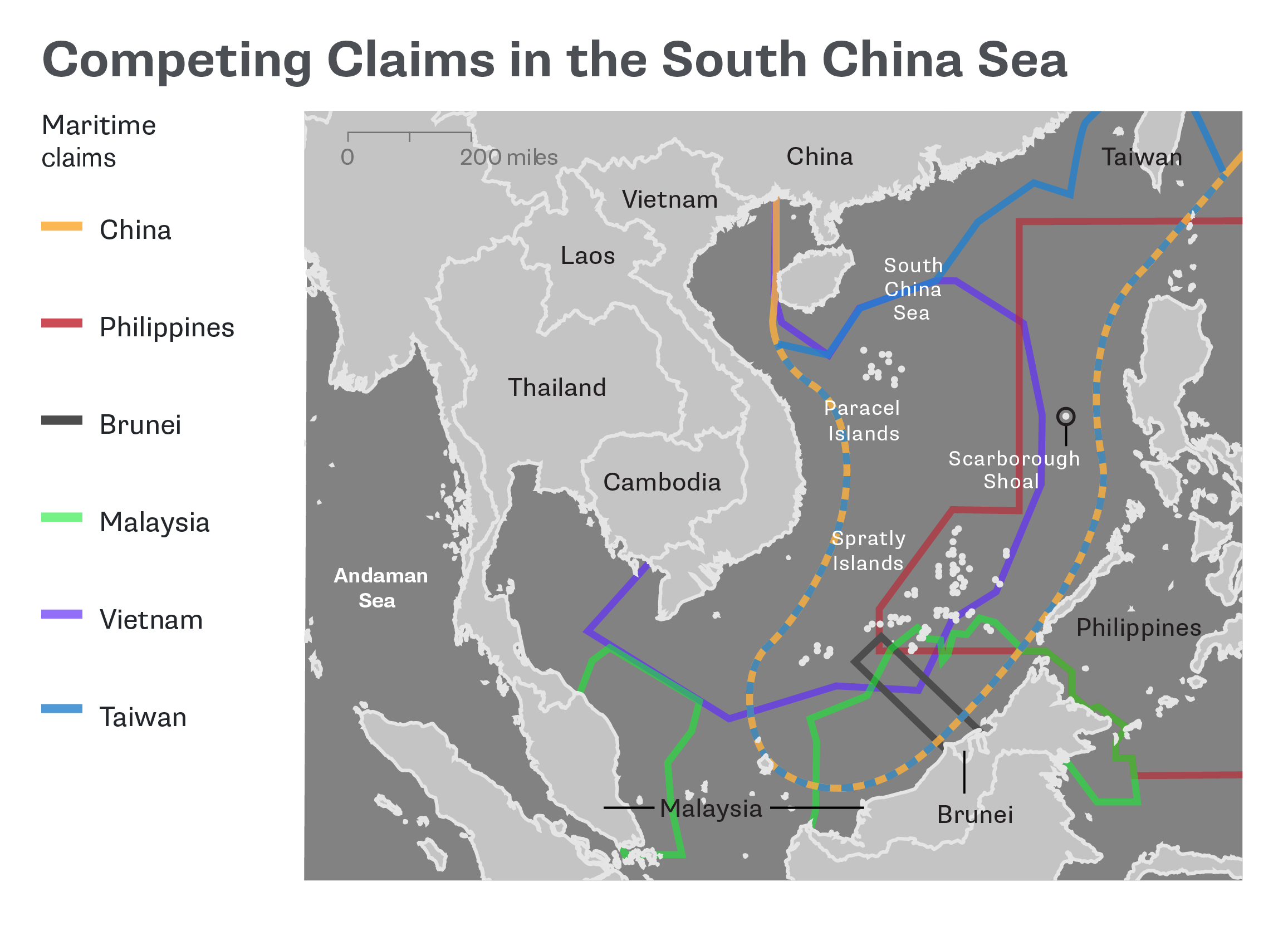 QuickTake map shows overlapping territorial claims of Brunei, China, Malaysia, Taiwan, the Philippines and Vietnam. {NSN O2OSHZ1ANZG8}