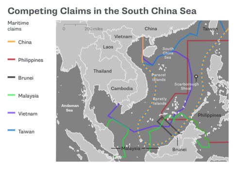 QuickTake map shows overlapping territorial claims of Brunei, China, Malaysia, Taiwan, the Philippines and Vietnam. {NSN O2OSHZ1ANZG8}
