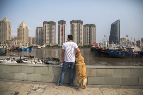 A man and his dog look at the new residential buildings in China's Zhejiang province. Photographer: Zhang Peng/LightRocket/Getty Images