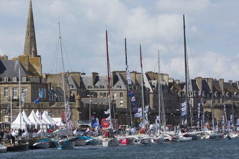 The state-of-the-art trimarans that will compete in the official Transat this week, docked earlier in St Malo. France.