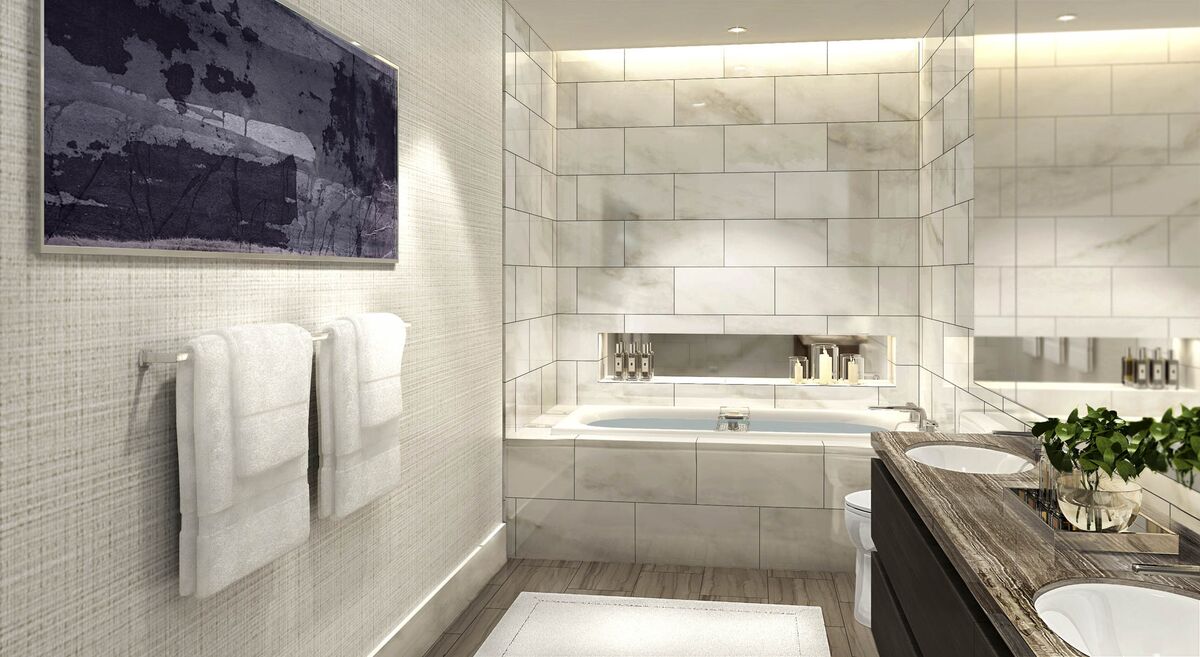 The master bathroom in an "Amethyst" unit on a lower floor in the building.