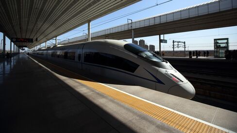 A high speed train sits at Wuqing Railway Station in Tianjin, China.
