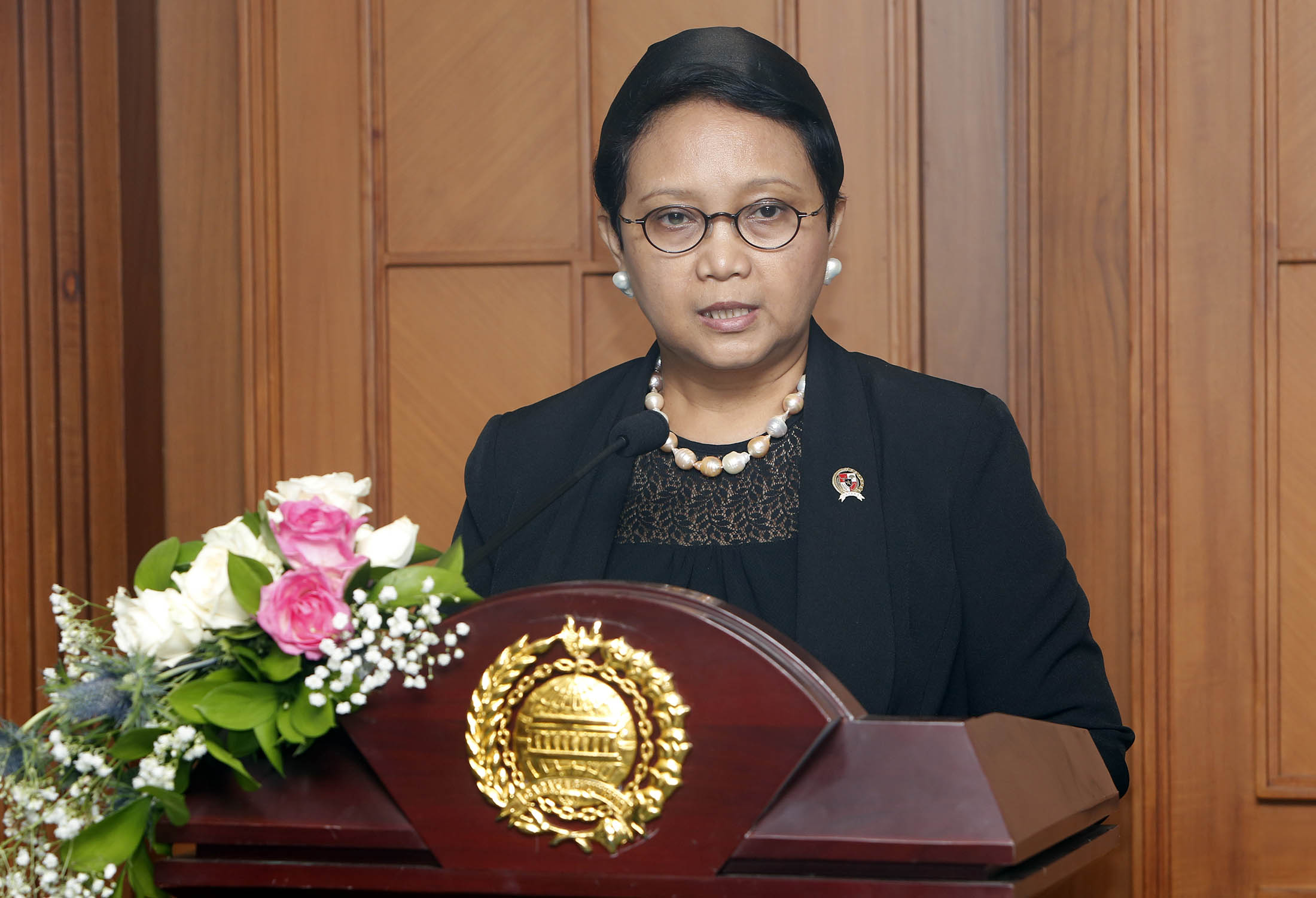 Indonesian Foreign Minister Retno Marsudi talks to journalists during a press conference in Jakarta on March 2016.
