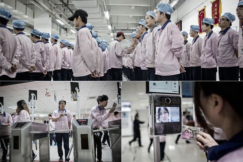 Top: The morning roll call at Pegatron. Bottom: Workers use identity checkpoints to enter the assembly line area.
