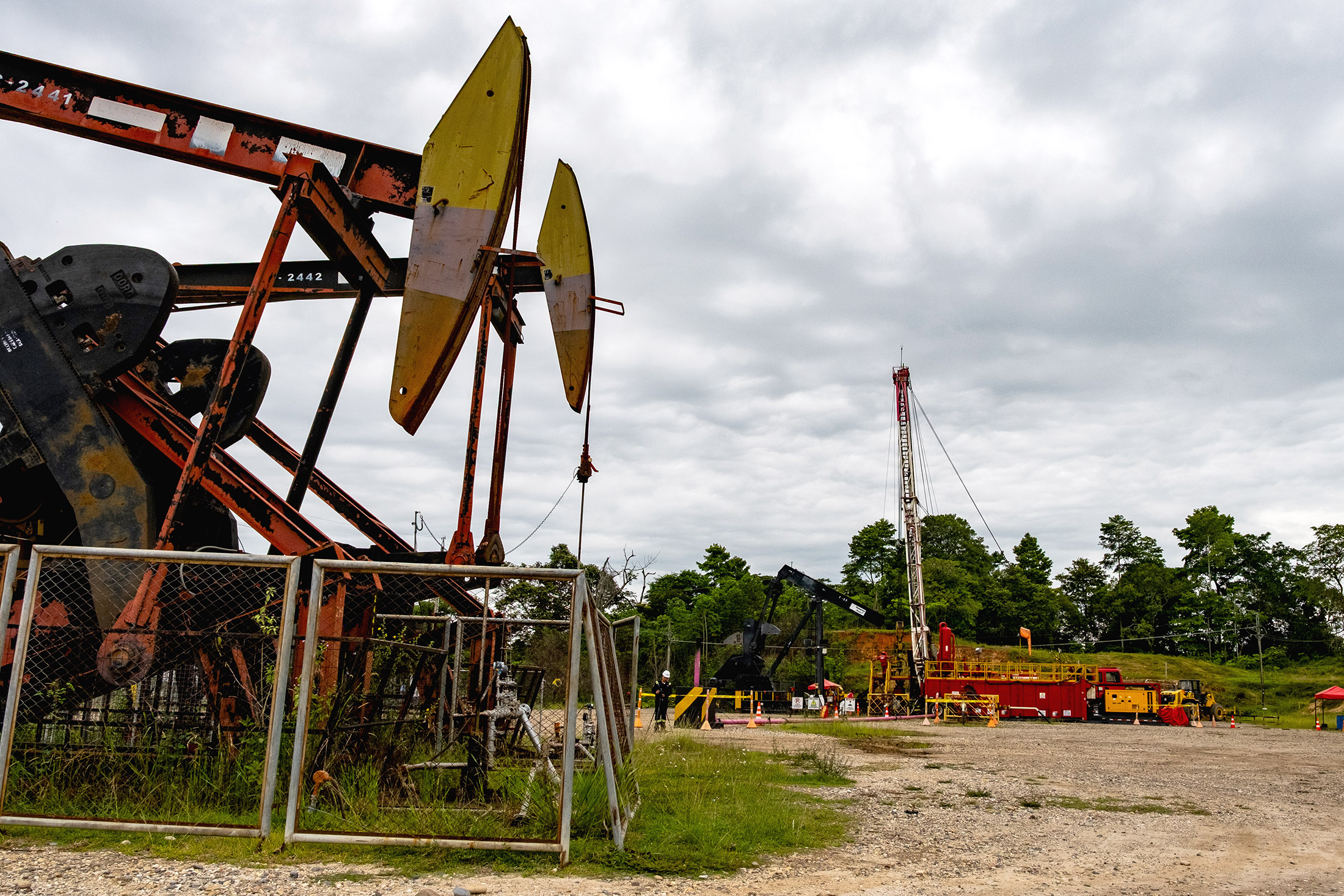 Oil extraction wells, using both mechanical and artificial pumping systems, at the Ecopetrol oilfields in Barrancabermeja, Santander department, Colombia, on Wednesday, Oct. 8, 2025.
