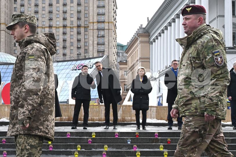 Volodymyr Zelenskiy with European leaders in Kyiv, on Feb. 24.