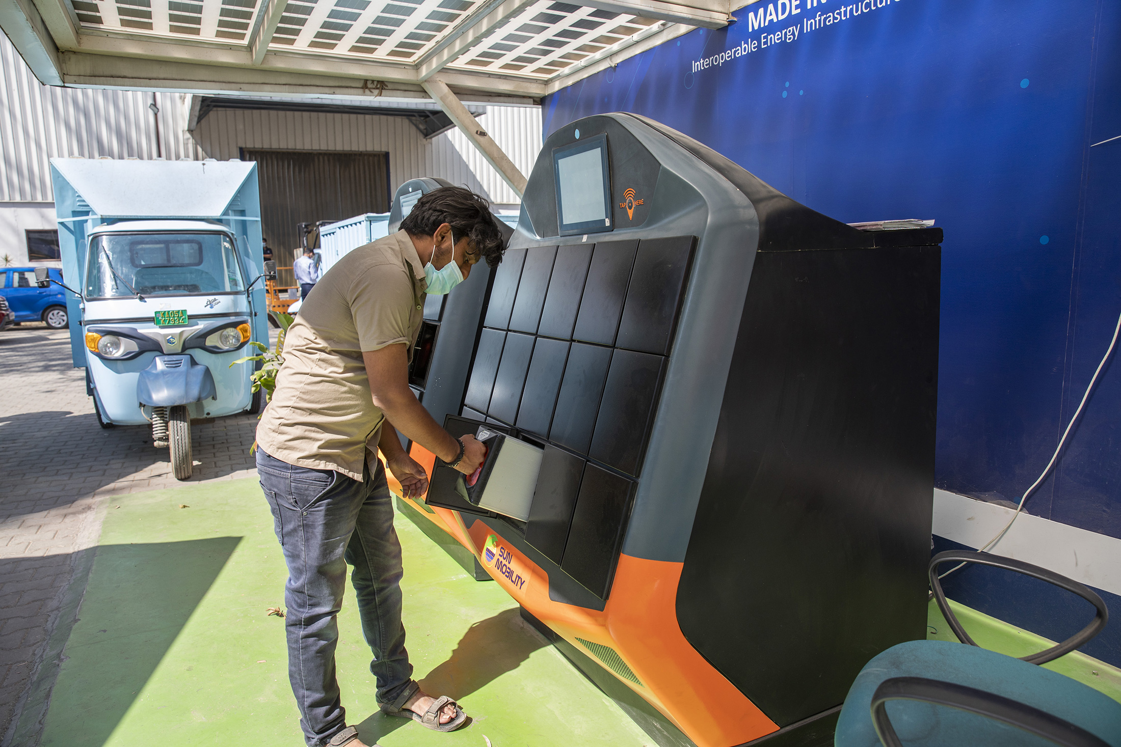 A battery is replaced at a Sun Mobility Ltd. battery swapping station in Bengaluru, India