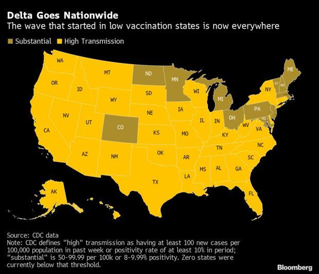 Map of coronavirus delta variant transmission in the United States