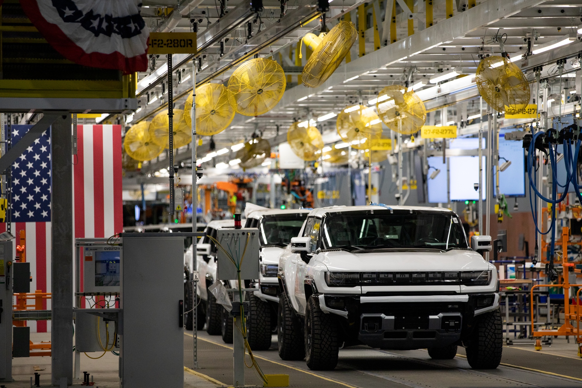 GMC Hummer electric vehicles on the production line at General Motors'&nbsp;assembly plant in Detroit, Michigan.