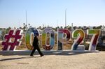 A COP27 logo sign in the grounds of the Green Zone area at the COP27 climate conference at the Sharm El Sheikh International Convention Centre in Sharm El-Sheikh, Egypt, on&nbsp;Nov. 8, 2022.