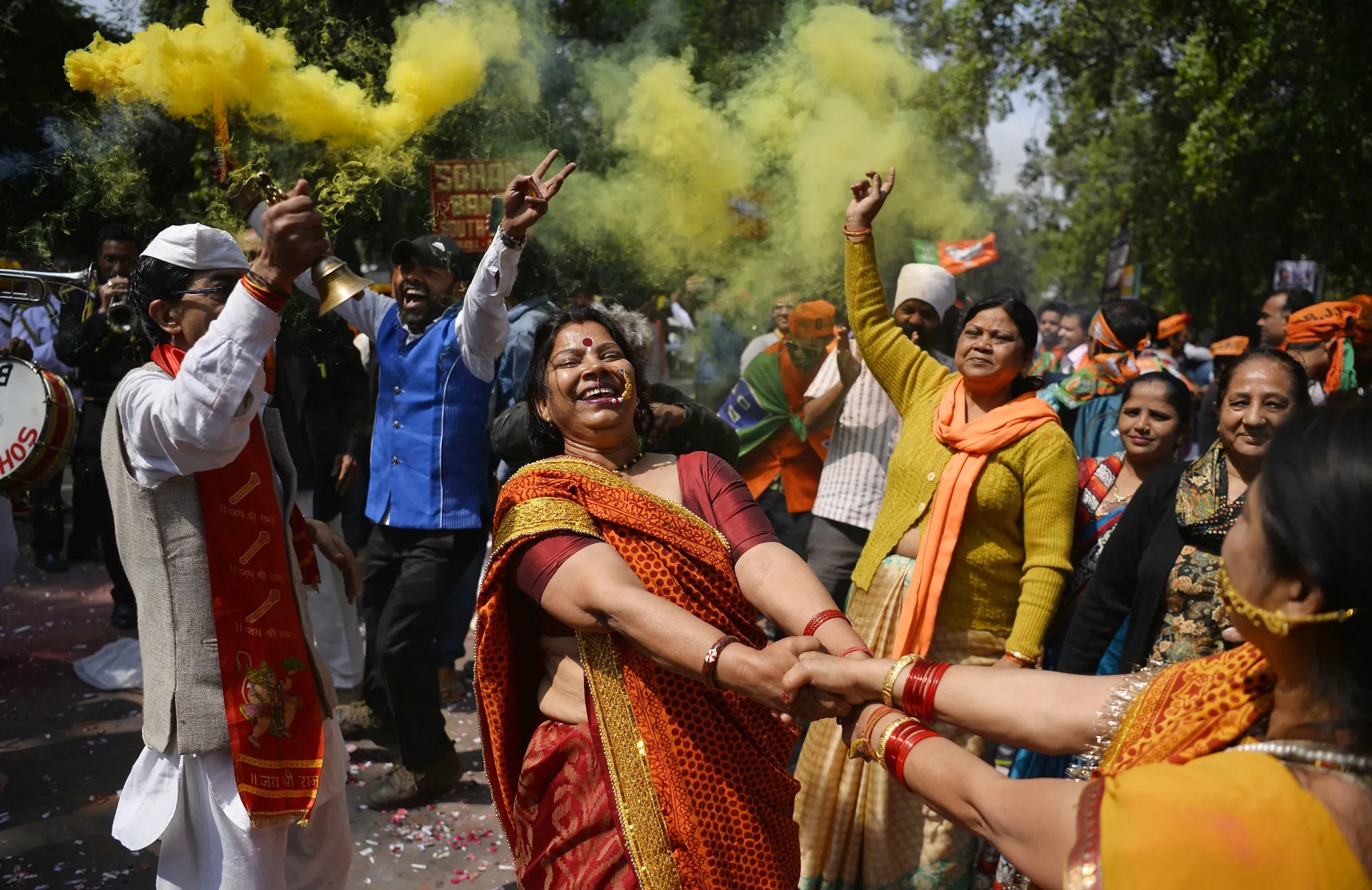 Bharatiya Janata Party supporters celebrate elections results in 2017 outside the party headquarters in New Delhi.