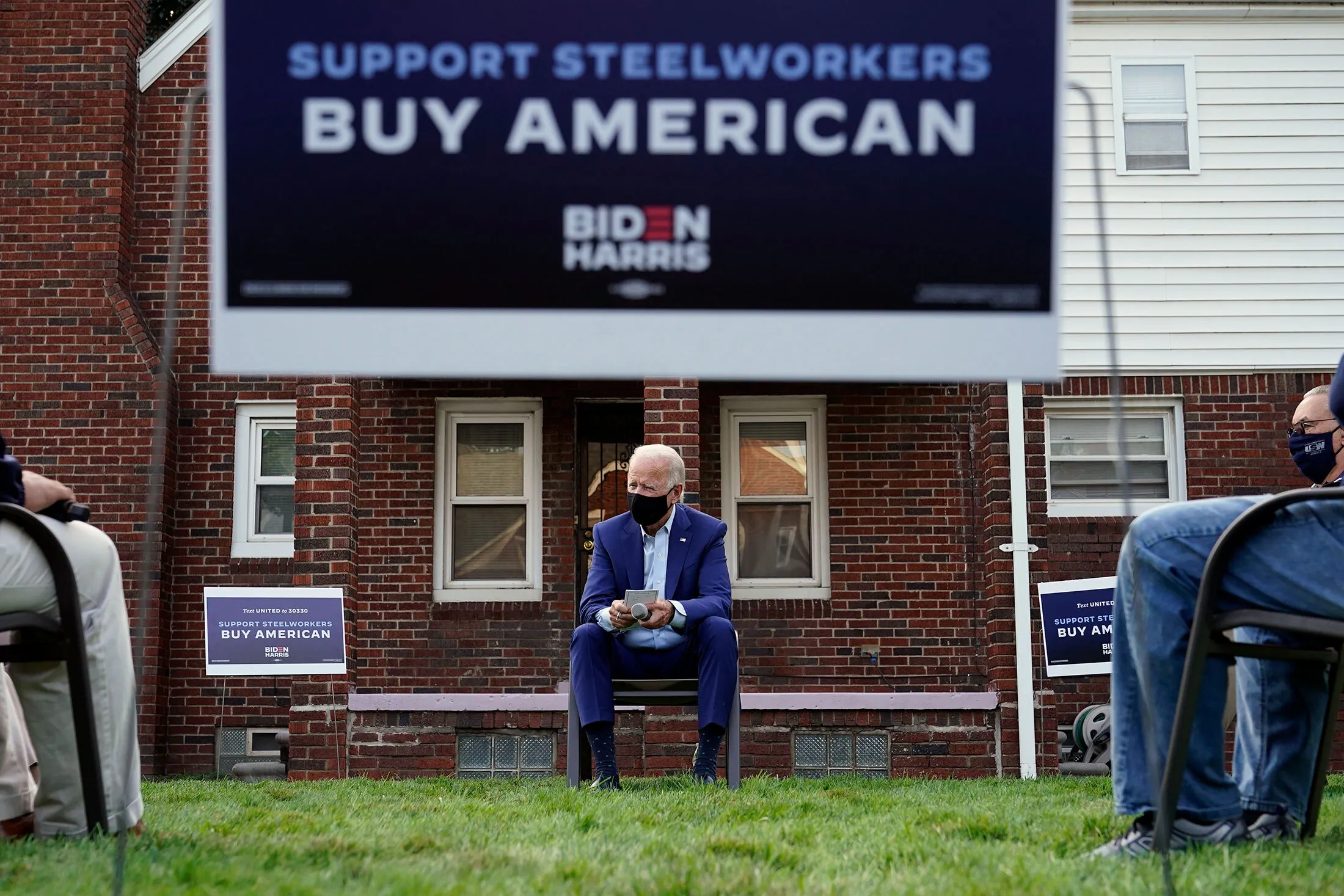 Joe Biden at a 2020 campaign event with steelworkers in Detroit.