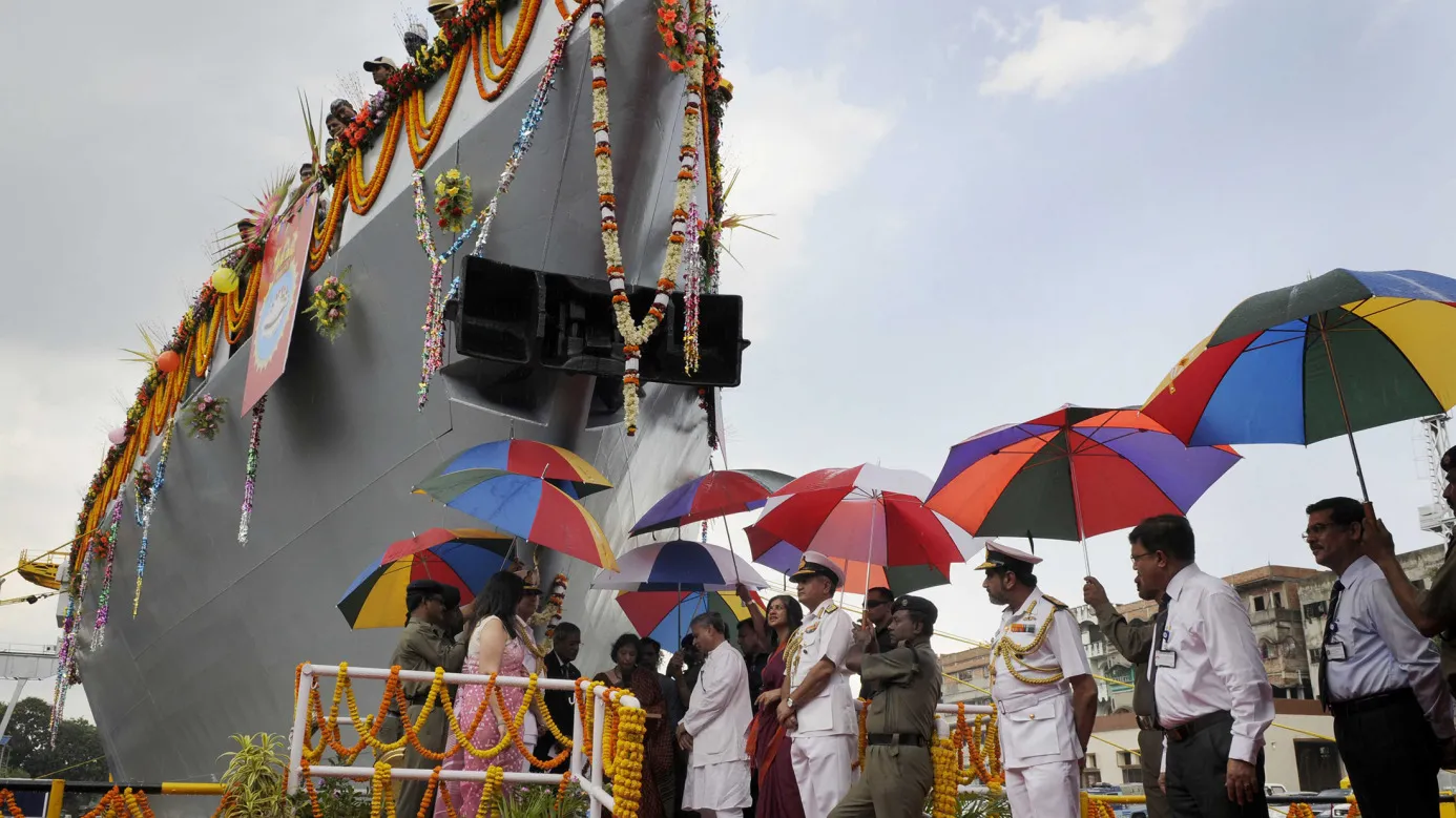 A priest performs rituals to Kavaratti, an Anti-Submarine Warfare Corvette built by Garden Reach Shipbuilders and Engineers Limited (GRSE) for the Indian Navy.

