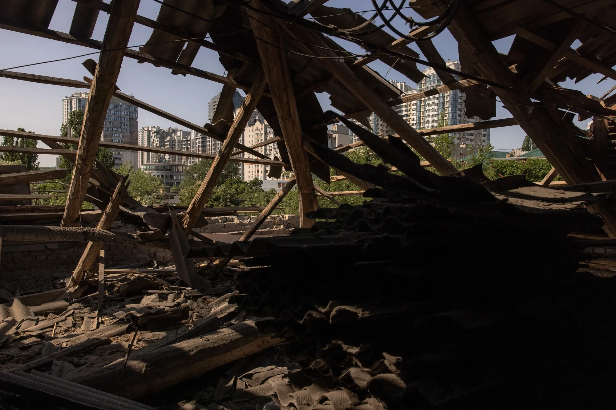 A roof of a residential building, damaged during a drone attack, in Kyiv, Ukraine, on May 28.