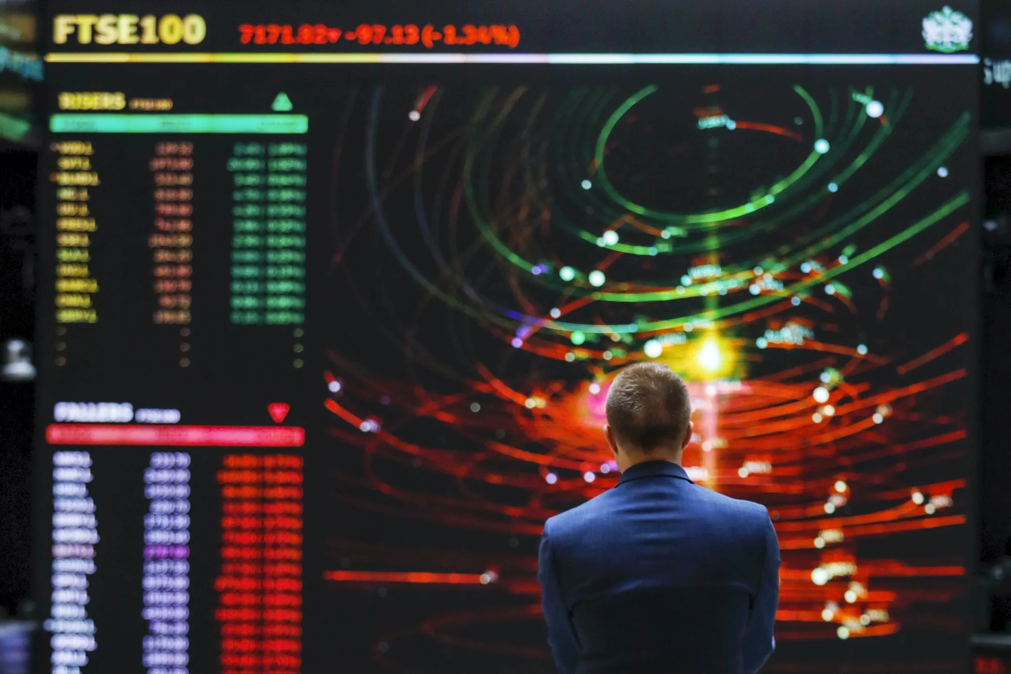 A FTSE share index board at the London Stock Exchange.