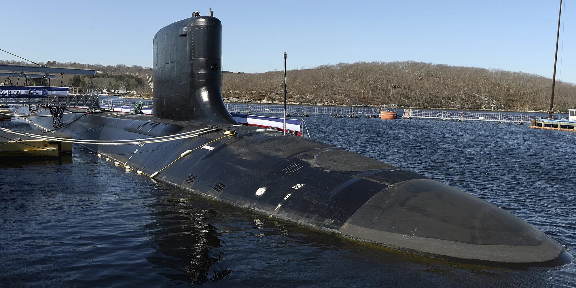A Virginia-class attack submarine before at commissioning ceremony in Groton, Connecticut.