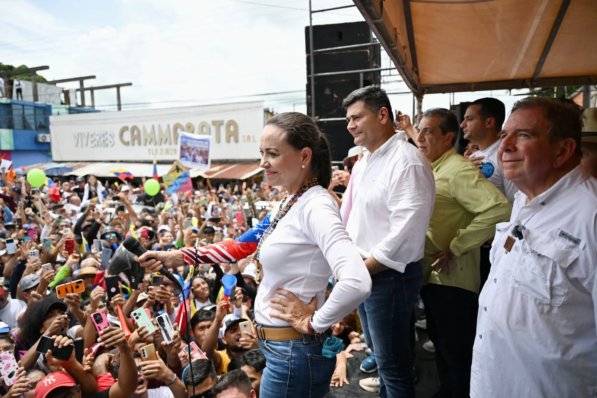 Venezuelan opposition leader Maria Corina Machado (left) next to presidential candidate Edmundo Gonzalez (right) during a campaign rally in Barinas, Venezuela, on July 6, 2024.
