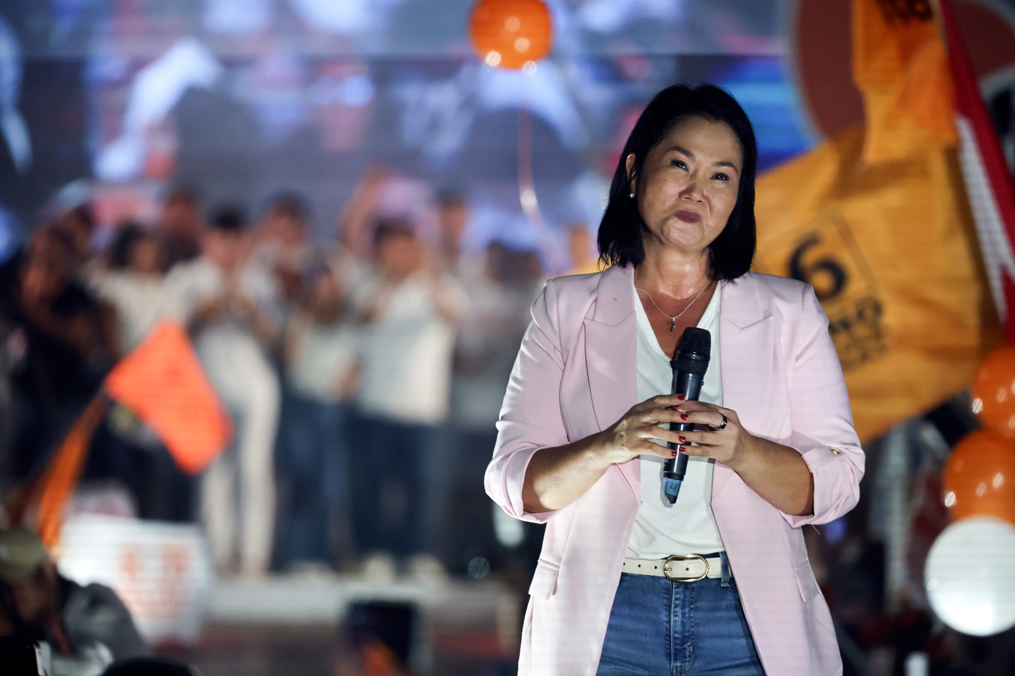 Keiko Fujimori, presidential candidate for the Popular Force party, speaks during campaign rally in Lima, Peru, on Thursday, April 9, 2026. Fujimori, a three-time presidential runner-up who heads the right-wing Popular Force party, led the Ipsos poll for Peru 21 with 13% support, followed by comedian Carlos Alvarez at 9% and former Lima Mayor Rafael Lopez Aliaga, who slipped to third with 8% after months of running neck-and-neck with Fujimori. Photographer: Sebastian Castaneda/Bloomberg