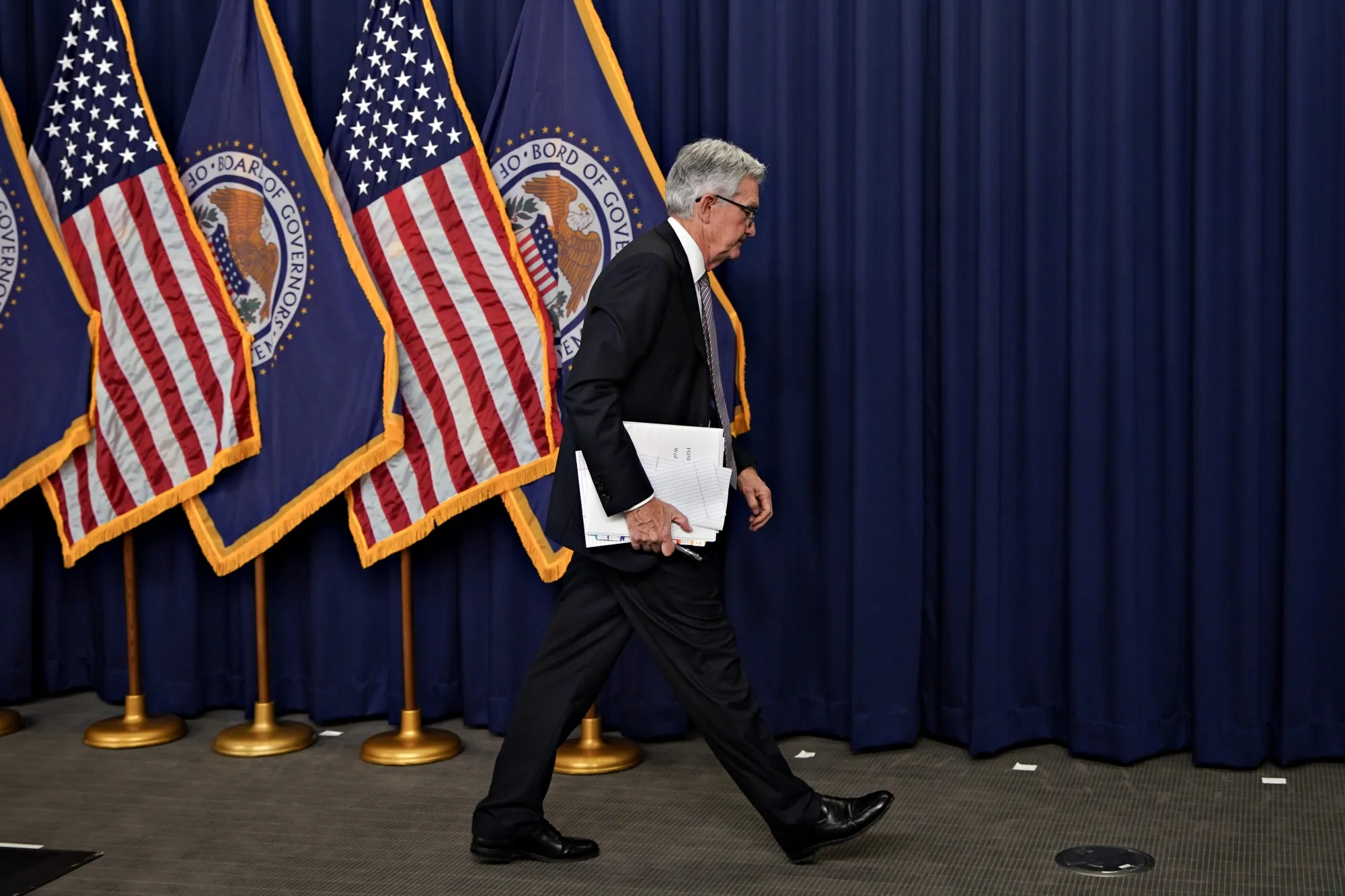 Jerome Powell exits after a news conference following a Federal Open Market Committee (FOMC) meeting in Washington, DC, on May 3.